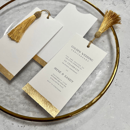 gold foiled wedding invitation - tall design with gold tassel 