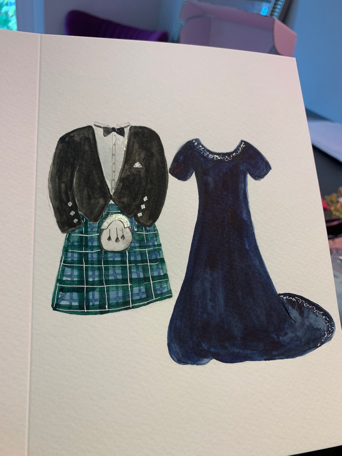 Hand Painted Watercolour Card - Wedding Outfits