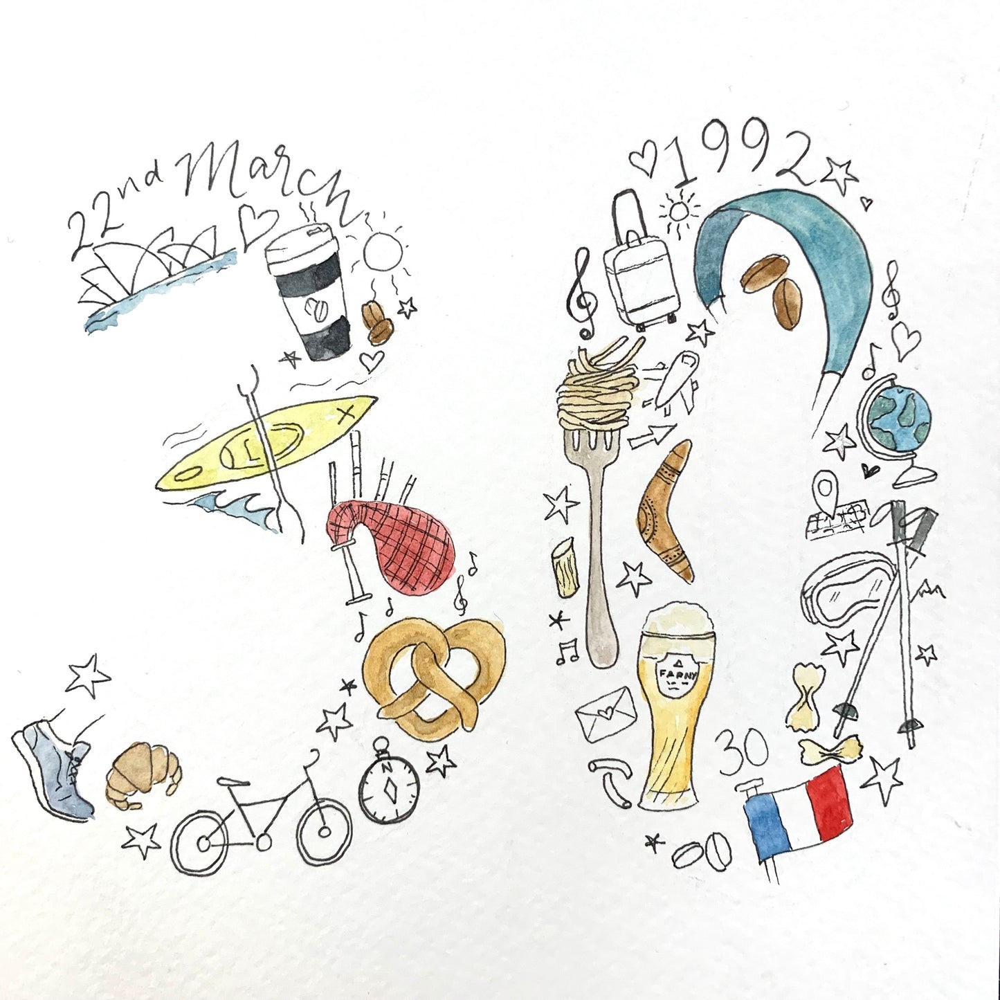 number thirty made up of doodle drawings spaghetti, flags, bagpipes, pretzel, bike, Australia, birthday, anniversary
