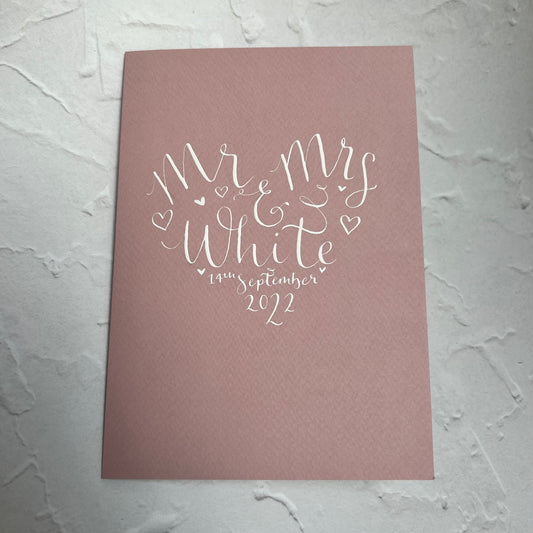 Dusty Pink card with white calligraphy - wedding, engagement, valentines