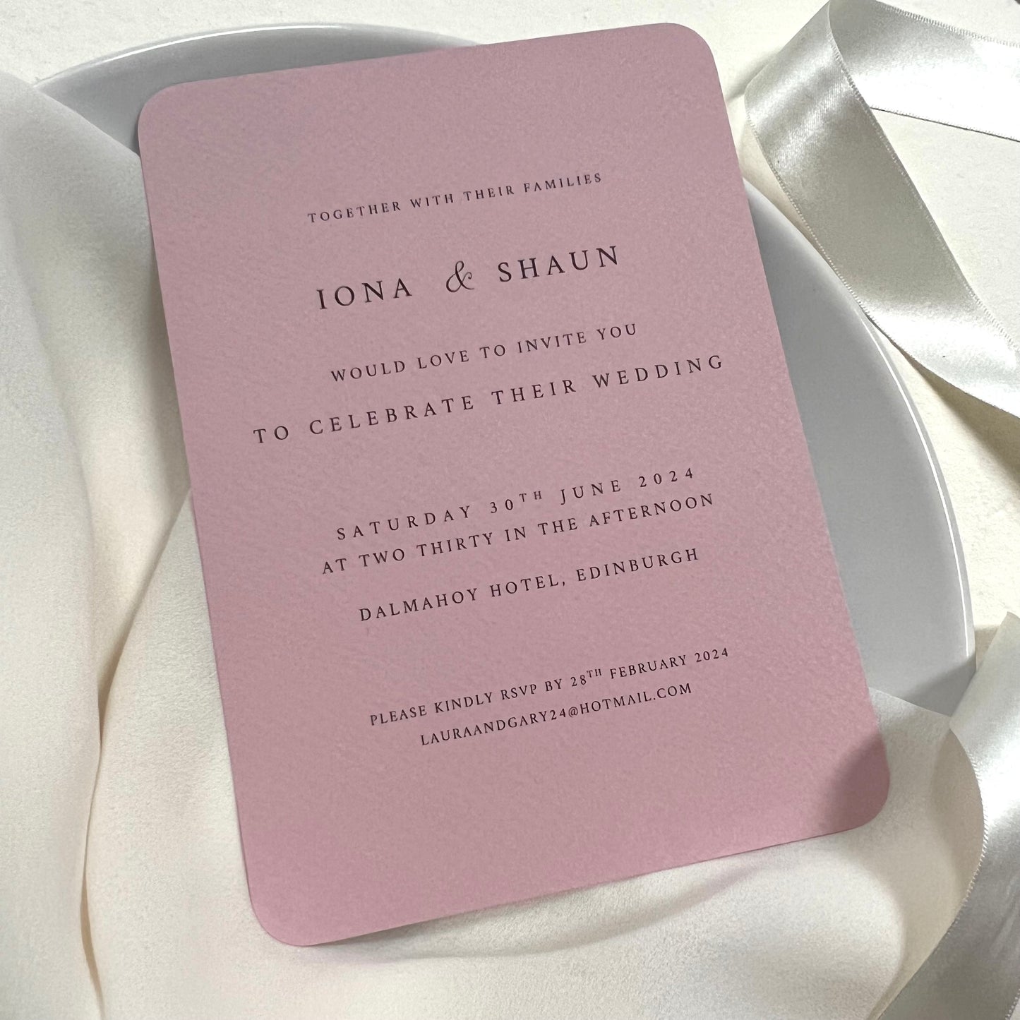 Iona Invite, dusty pink rounded edge wedding invitation