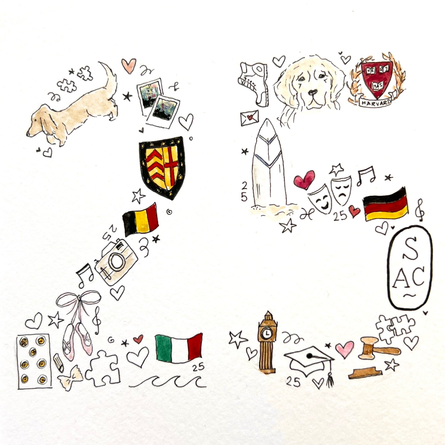 number twenty five age made up of doodles with colours, dogs, flags, London, ballet, surfboard, Harvard, jigsaw, camera