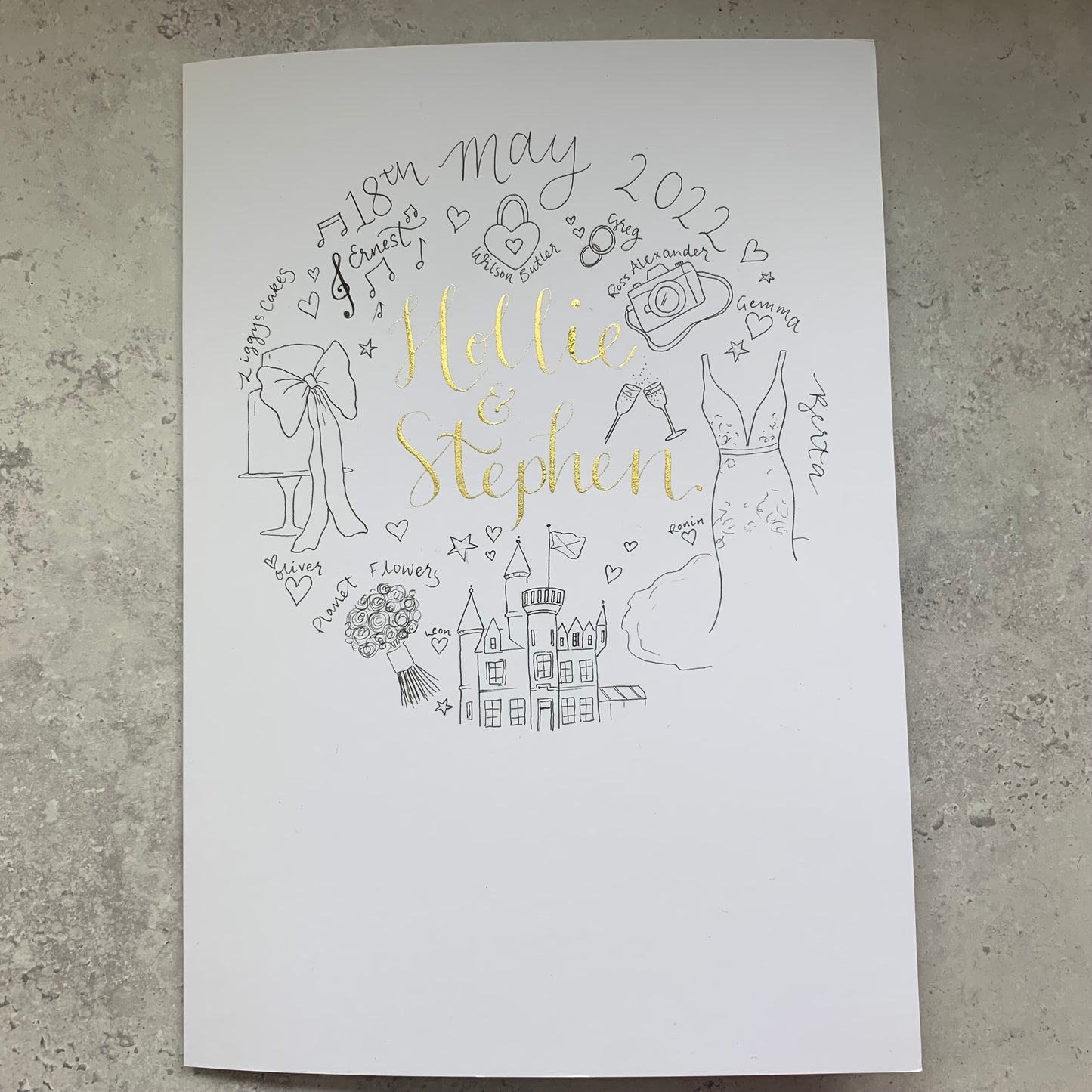 Picture of full bespoke card on a background . Personalised, Hand sketched wedding icons card with details including the drawing of Carlowire Castle, planet flowers bouquet, Berta wedding dress, Ross Alexander photography, Ernest band as well as Liggy’s cakes all inside a circle. The names of Bride and Groom written in gold ink calligraphy.