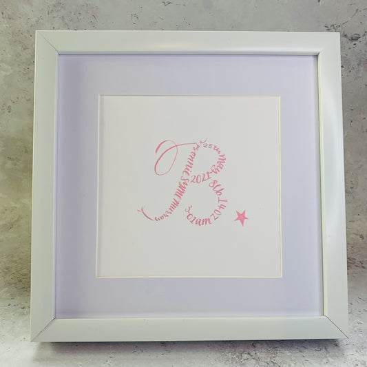 white square picture frame with white mount and white card. Letter B in pink calligraphy made up using name date of birth and weight of baby