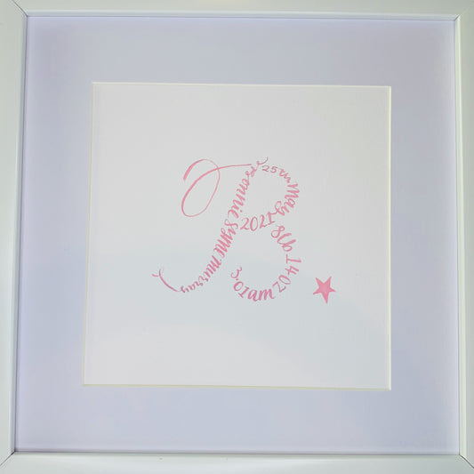 close up of white mount and calligraphy B made up with calligraphy words baby name, date of birth and weight, Finished with pink star to bottom right 