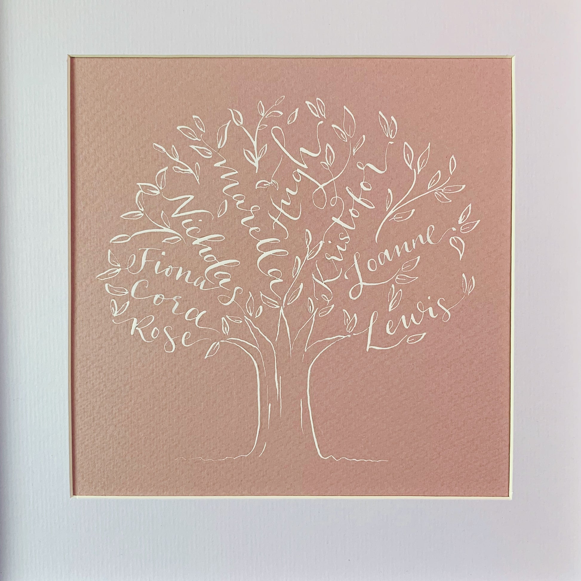 dusty pink paper within white mount, white ink calligraphy on dusty pink card making up family tree