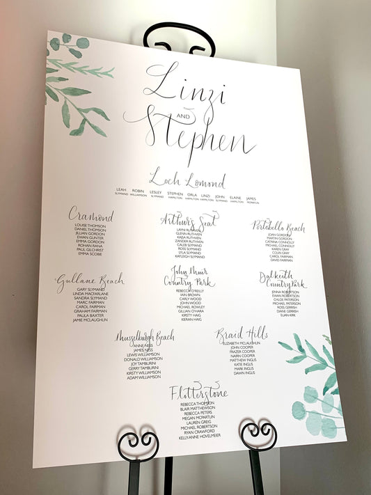 Printed Foliage and Calligraphy Table Plan