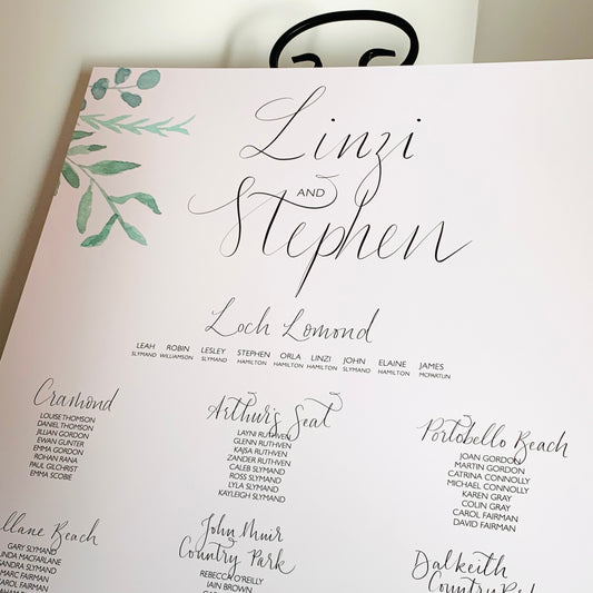 Printed Foliage and Calligraphy Table Plan
