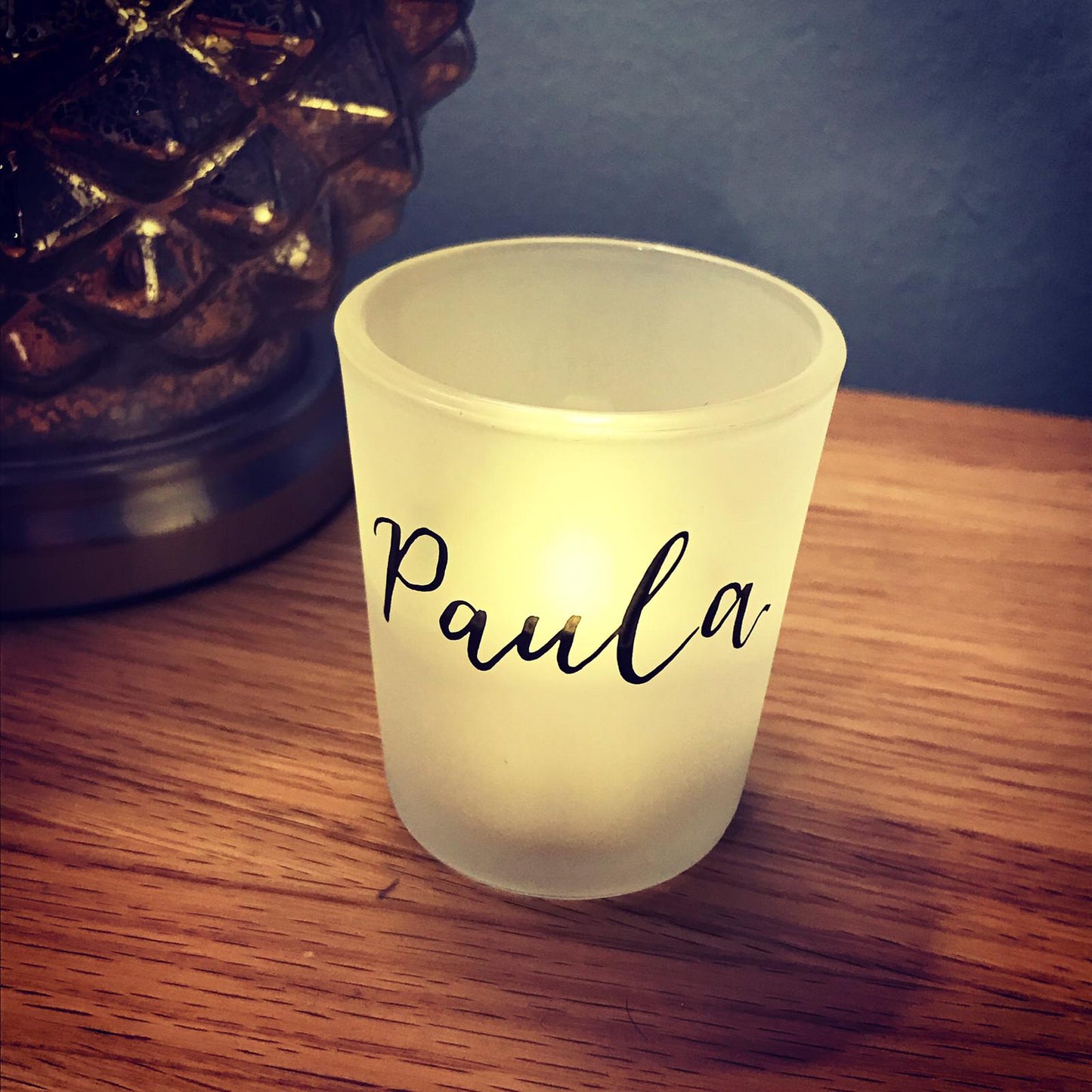 TEA LIGHT VOTIVE WITH GUEST NAME IN BLACK INK CALLIGRAPHY