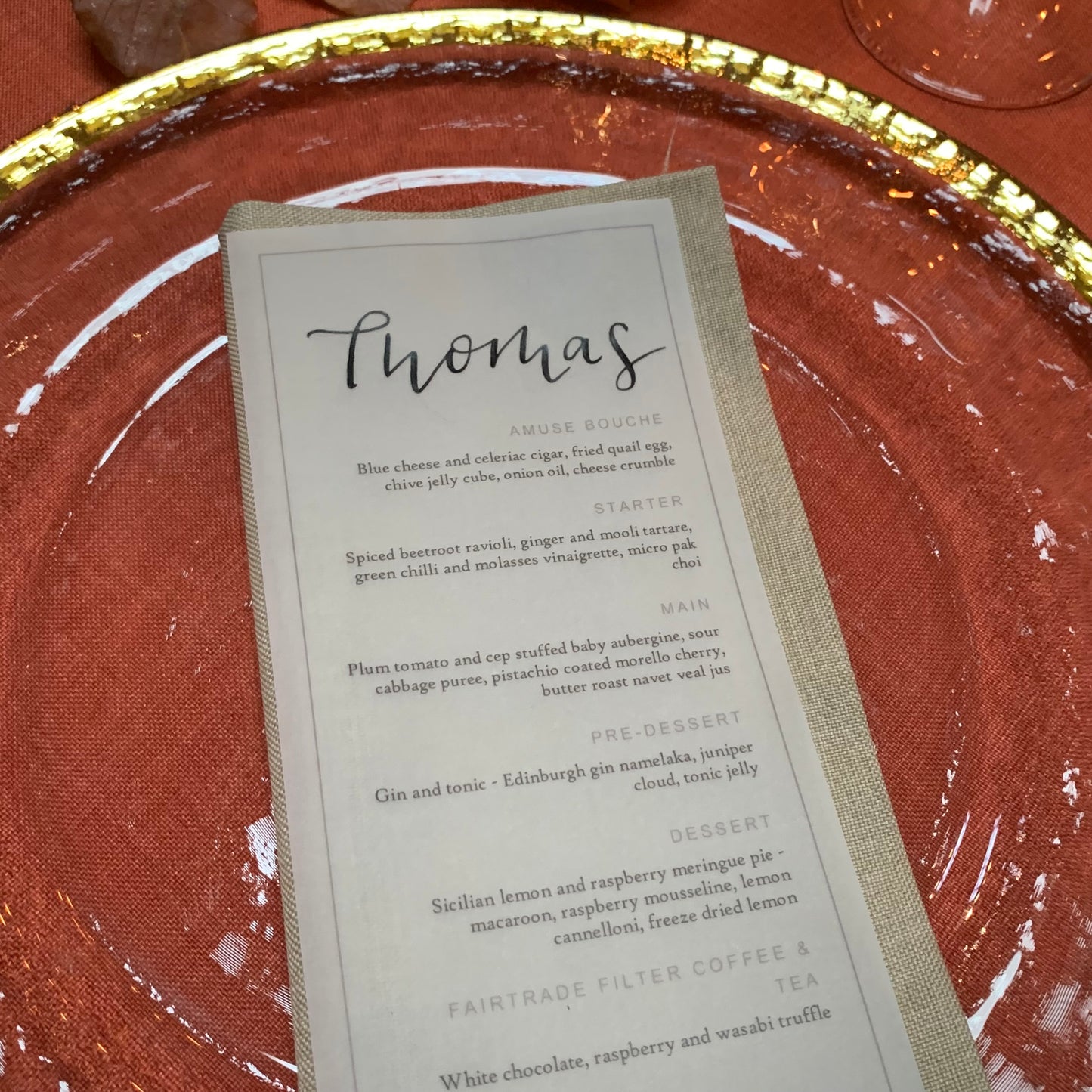 Vellum personalised guest name menu