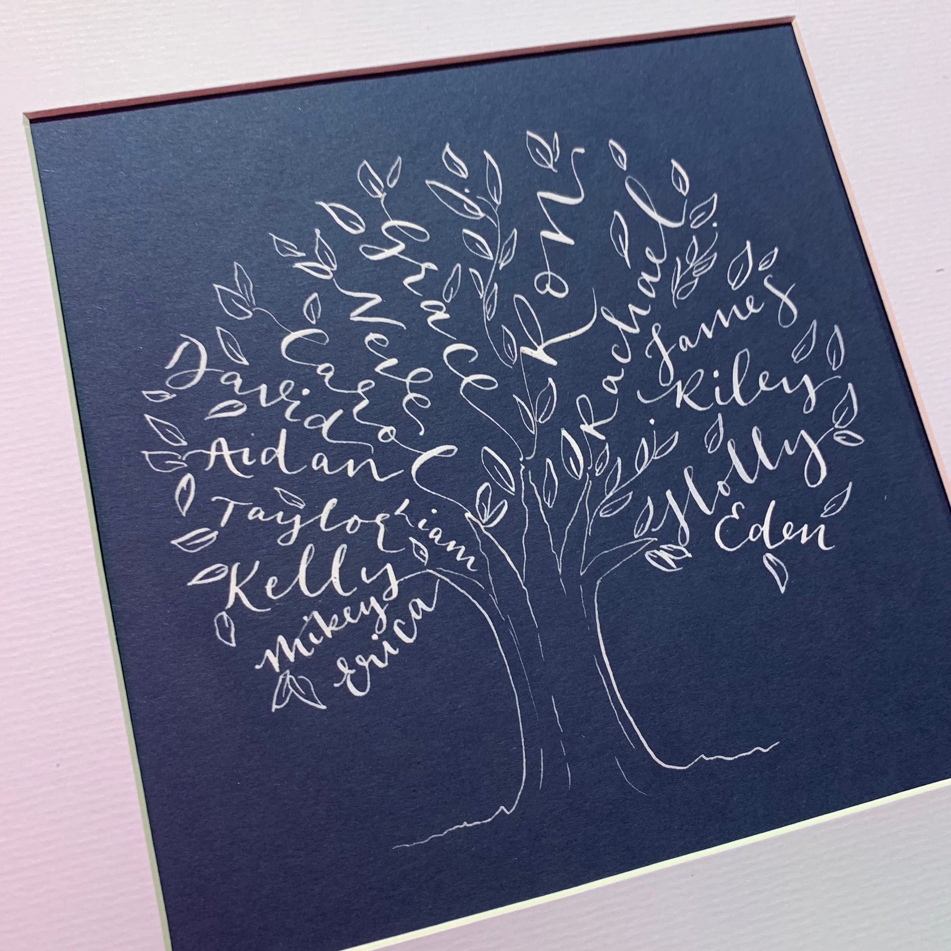 close up of calligraphy handwritten family tree, navy card and white ink calligraphy writing. Framed family gift. Names making up the branches of the tree, surrounded by hand drawn leaves and tree trunk. 