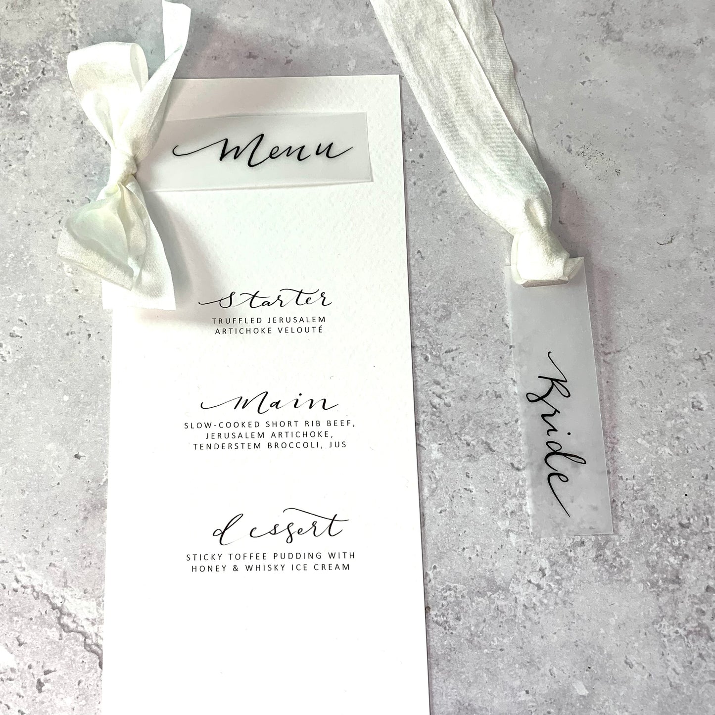 Elegant Wedding Menu with Faux Silk Bow