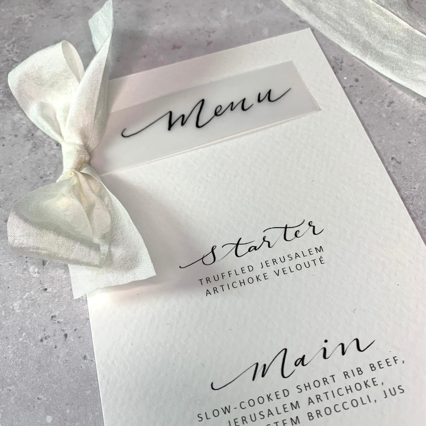 Elegant Wedding Menu with Faux Silk Bow