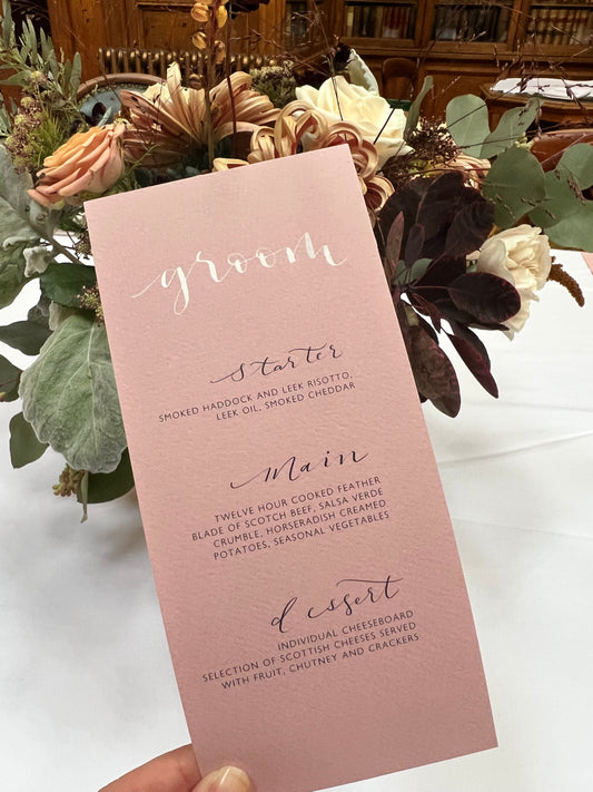 Tall Dusty Pink Personalised Wedding Breakfast Menu